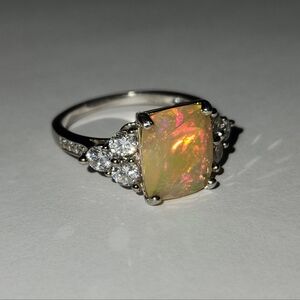 Real 2.05ct NATURAL FULLY Faceted Ethiopian Fire Opal Cush Zircon 925 Ring Sz 7